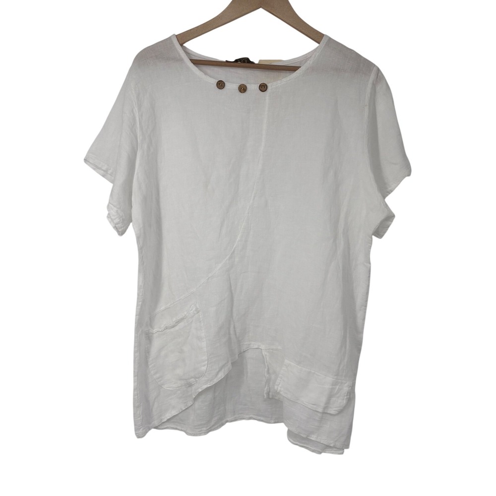 SAGA White Linen Tunic Top M Made in Italy Asymmetrical Lagenlook Coastal